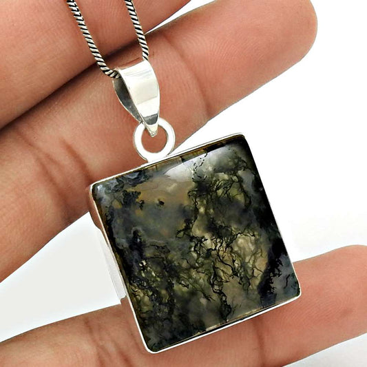 Natural Moss Agate Gemstone 925 Sterling Silver Pendant Stylish For Women T16
