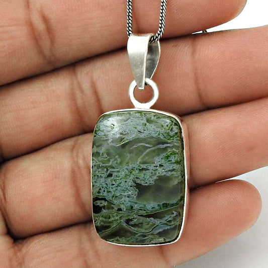 Natural Moss Agate Gemstone Pendant Boho 925 Sterling Silver For Women D17