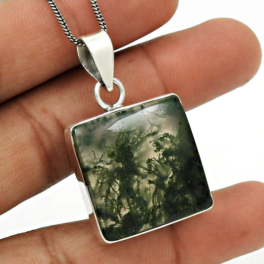 Natural Moss Agate Gemstone 925 Sterling Silver Pendant Ethnic For Girls M17