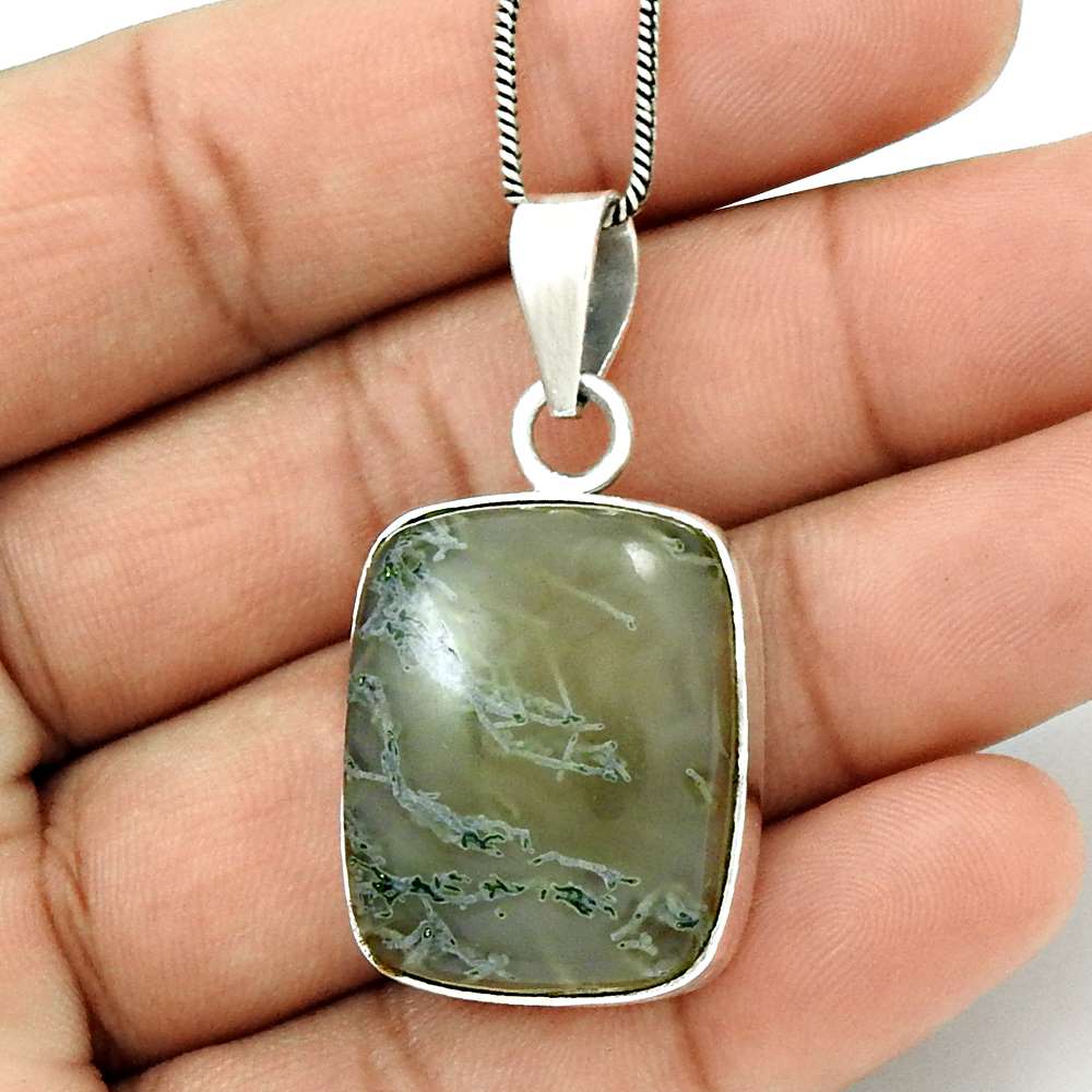 Anniversary Gift For Her Natural Moss Agate Pendant Tribal 925 Silver O17