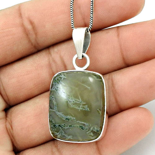 Anniversary Gift For Her Natural Moss Agate Pendant Tribal 925 Silver O17