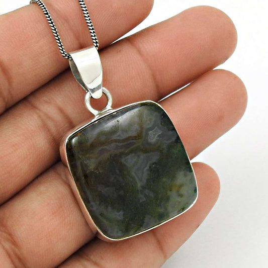 Wedding Gift For Her 925 Silver Natural Moss Agate Gemstone Pendant Bohemian W17