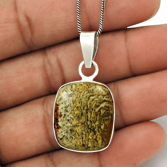 Gift For Women Pendant Stylish 925 Silver Natural Picture Jasper Gemstone X17