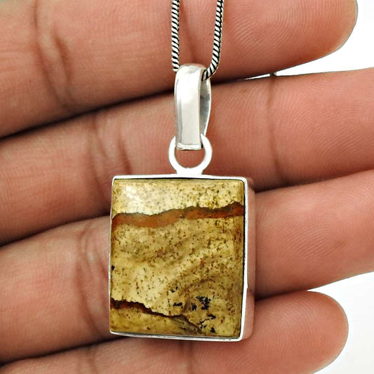 Natural Picture Jasper Gemstone Pendant Vintage 925 Silver For Girls Z17