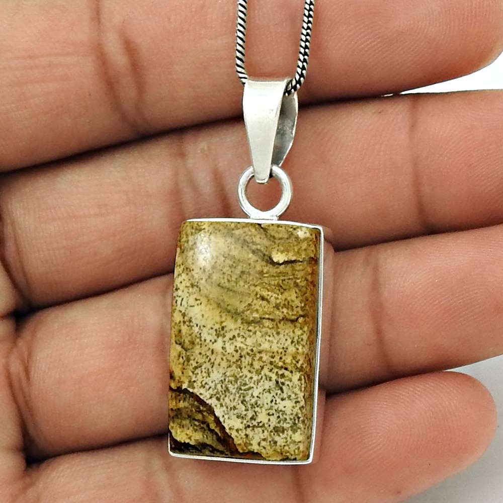 Natural Picture Jasper Gemstone Pendant Ethnic 925 Sterling Silver For Girls V12