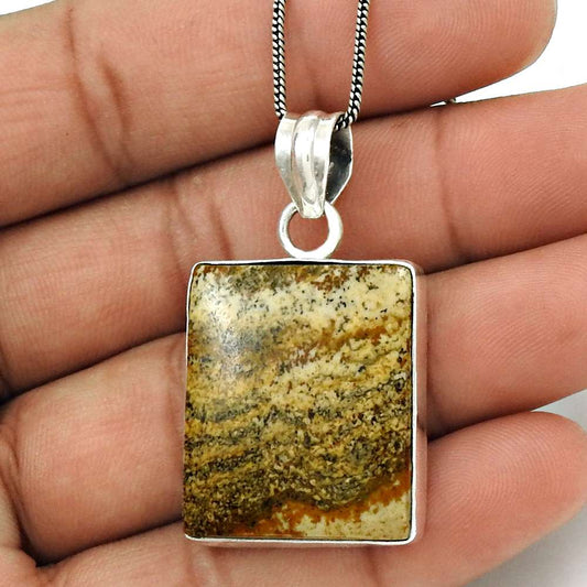 Natural Picture Jasper Gemstone Pendant Vintage 925 Sterling Silver Jewelry F18