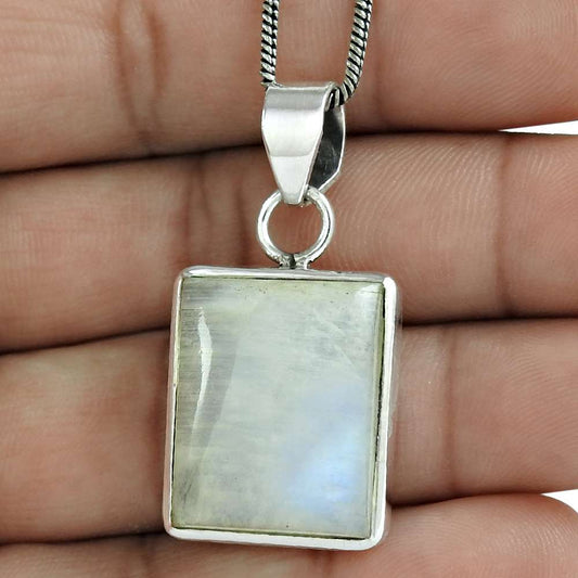 Natural Rainbow Moonstone 925 Sterling Silver Pendant For Girls O3