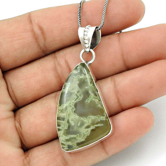 Birthday Gift For Her Natural Moss Agate Gemstone Pendant Tribal 925 Silver F19
