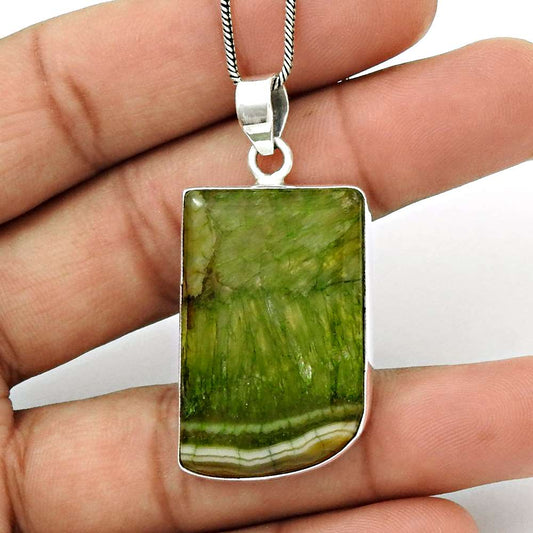 Natural Fuchsite Gemstone Pendant Bohemian Green 925 Sterling Silver Jewelry H19