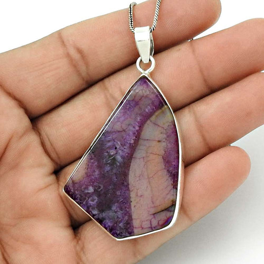 Birthday Gift For Her Natural Fuchsite Gemstone Pendant Vintage 925 Silver K19