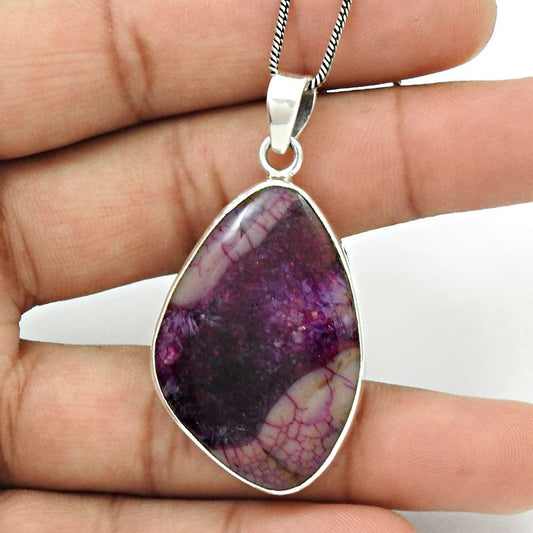 Natural Fuchsite Gemstone Pendant Boho Purple 925 Sterling Silver Jewelry M19
