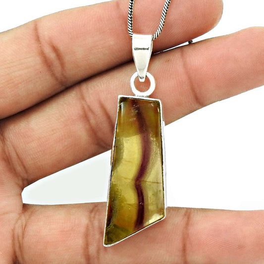 Natural Fluorite Gemstone Pendant Ethnic 925 Sterling Silver Indian Jewelry G20