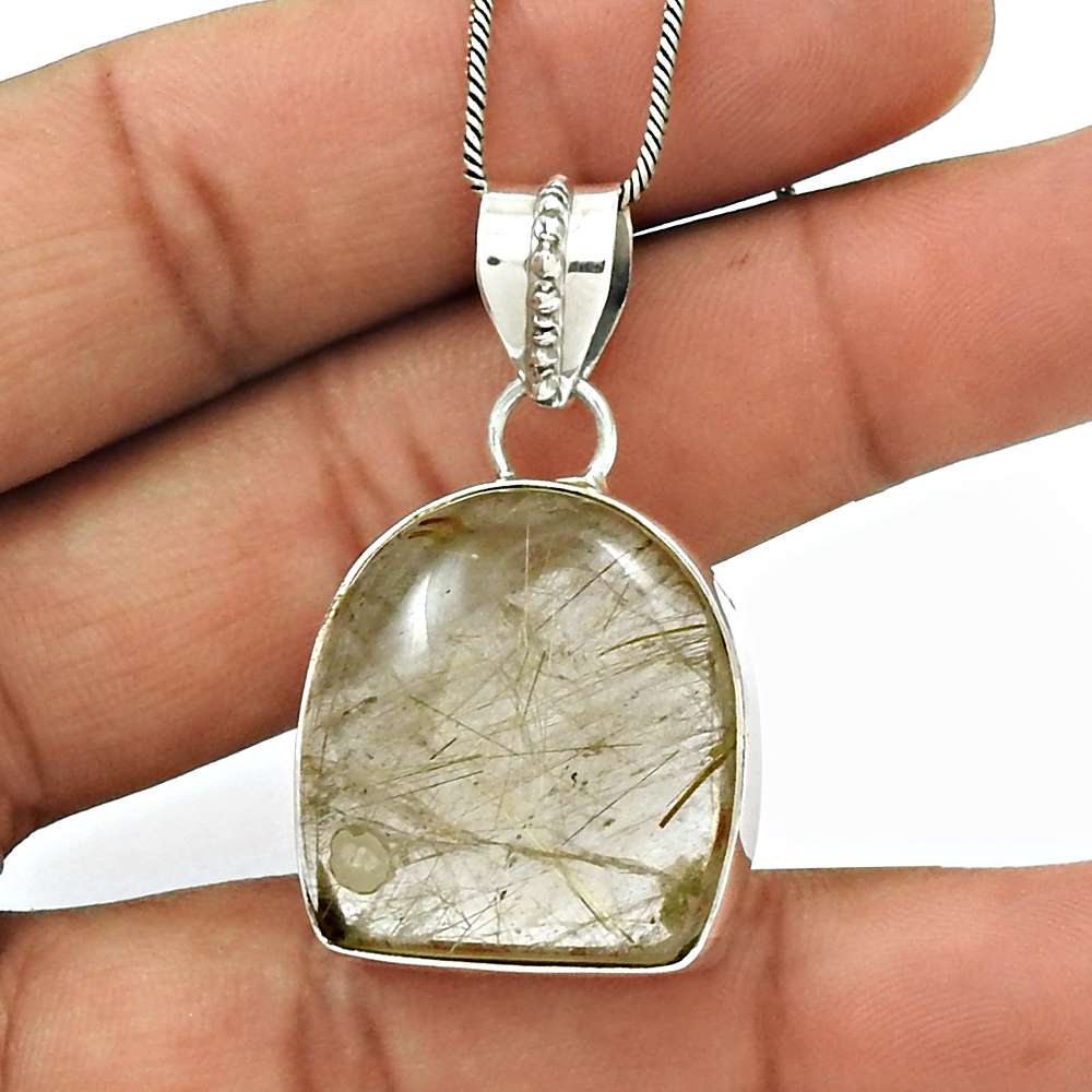 Natural Golden Rutile Gemstone Pendant Vintage 925 Sterling Silver For Girls H20