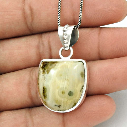 Natural Ocean Jasper Gemstone Pendant Boho Ivory 925 Sterling Silver Jewelry P20
