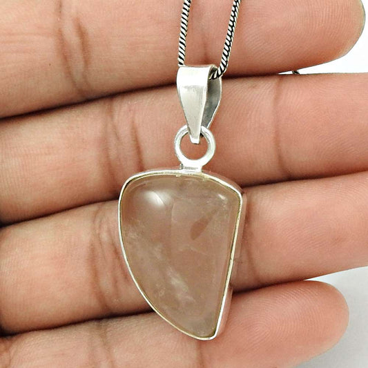 Gift For Her 925 Silver Natural Rose Quartz Gemstone Pendant Vintage T20