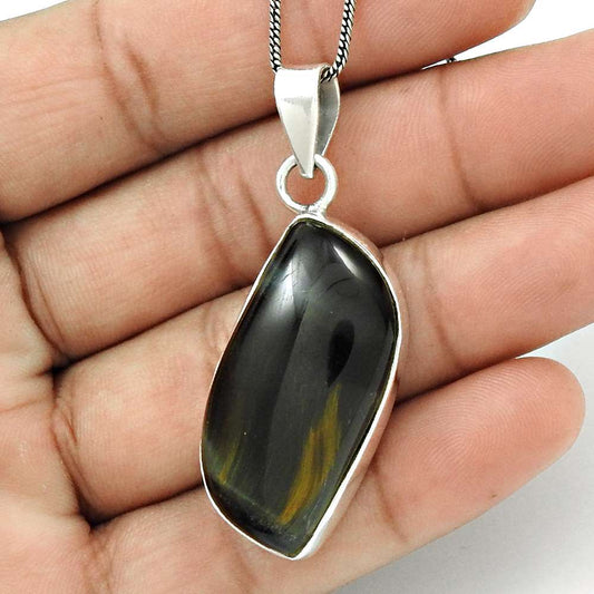 Natural Tiger'S Eye Gemstone Pendant Boho Brown 925 Sterling Silver Jewelry B21