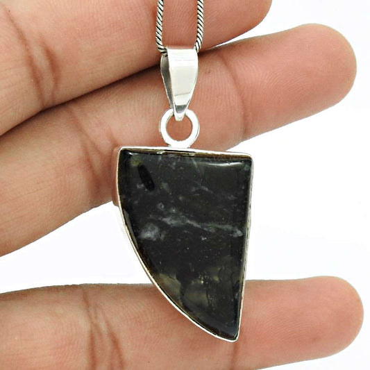Natural Jasper Gemstone Pendant Stylish Black 925 Sterling Silver Jewelry I21