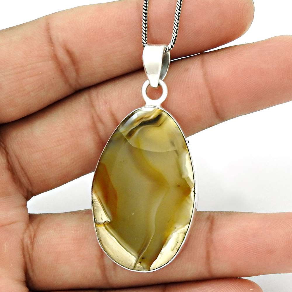 Birthday Gift For Her Natural Plume Agate Gemstone Pendant Ethnic 925 Silver J21