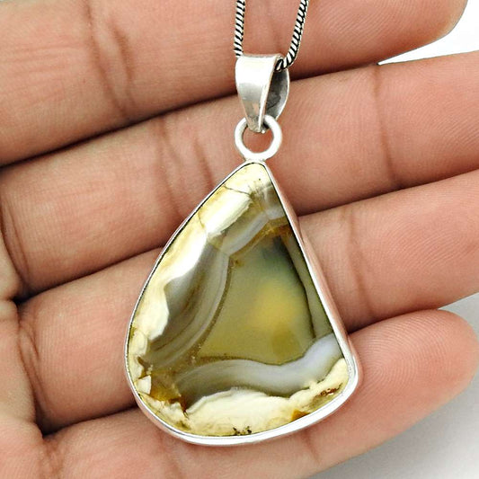 Anniversary Gift For Her Natural Plume Agate Pendant Vintage 925 Silver K21
