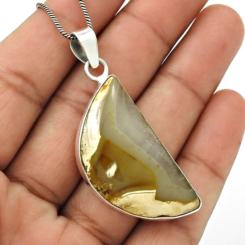 Anniversary Gift For Her Natural Plume Agate Pendant Tribal 925 Silver L21