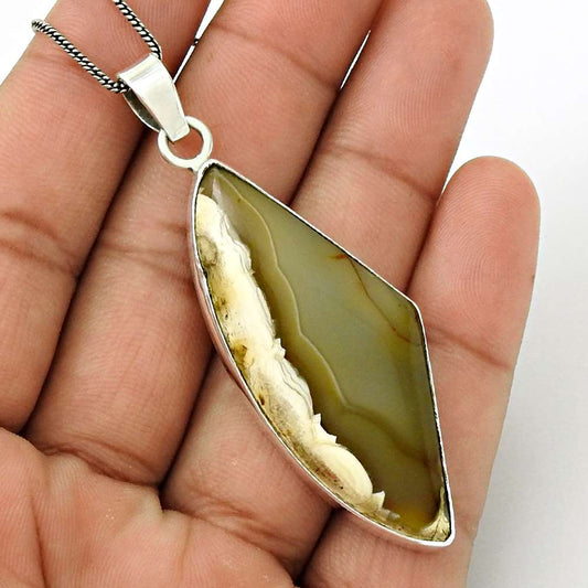 Natural Plume Agate Gemstone Pendant Boho 925 Sterling Silver For Women M21