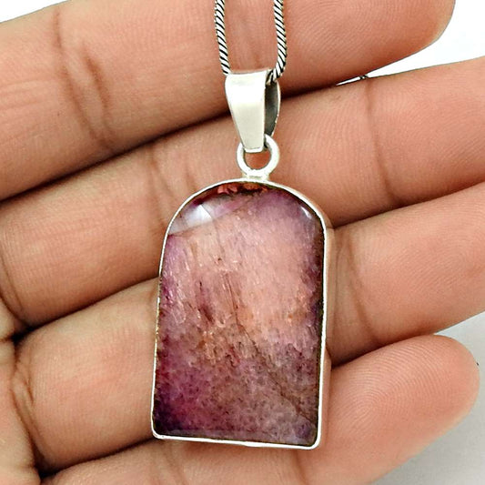 Natural Fuchsite Gemstone Pendant Boho Pink 925 Sterling Silver Jewelry H22