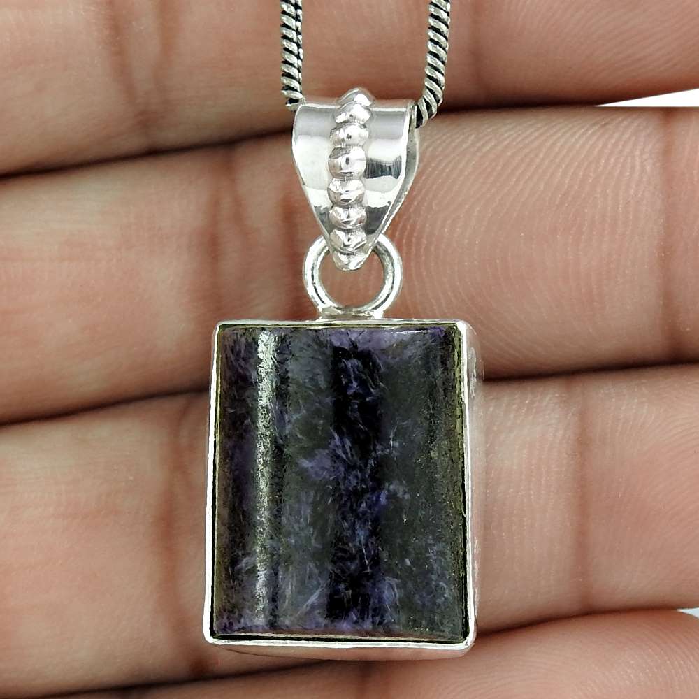 Natural Charoite Gemstone Jewelry 925 Sterling Silver Pendant Boho For Women Q2
