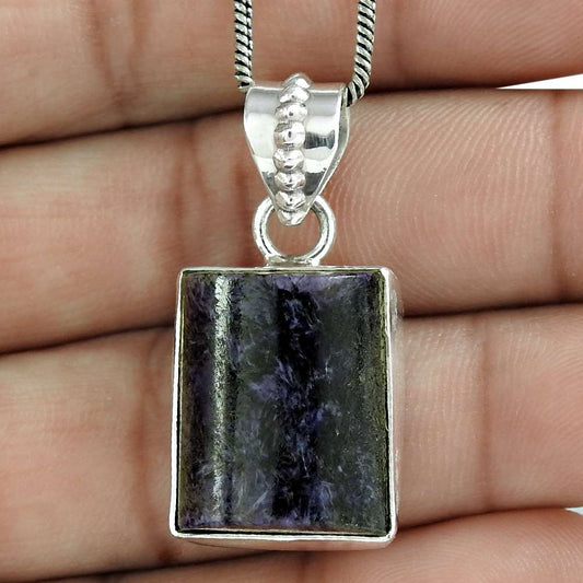 Natural Charoite Gemstone Jewelry 925 Sterling Silver Pendant Boho For Women Q2