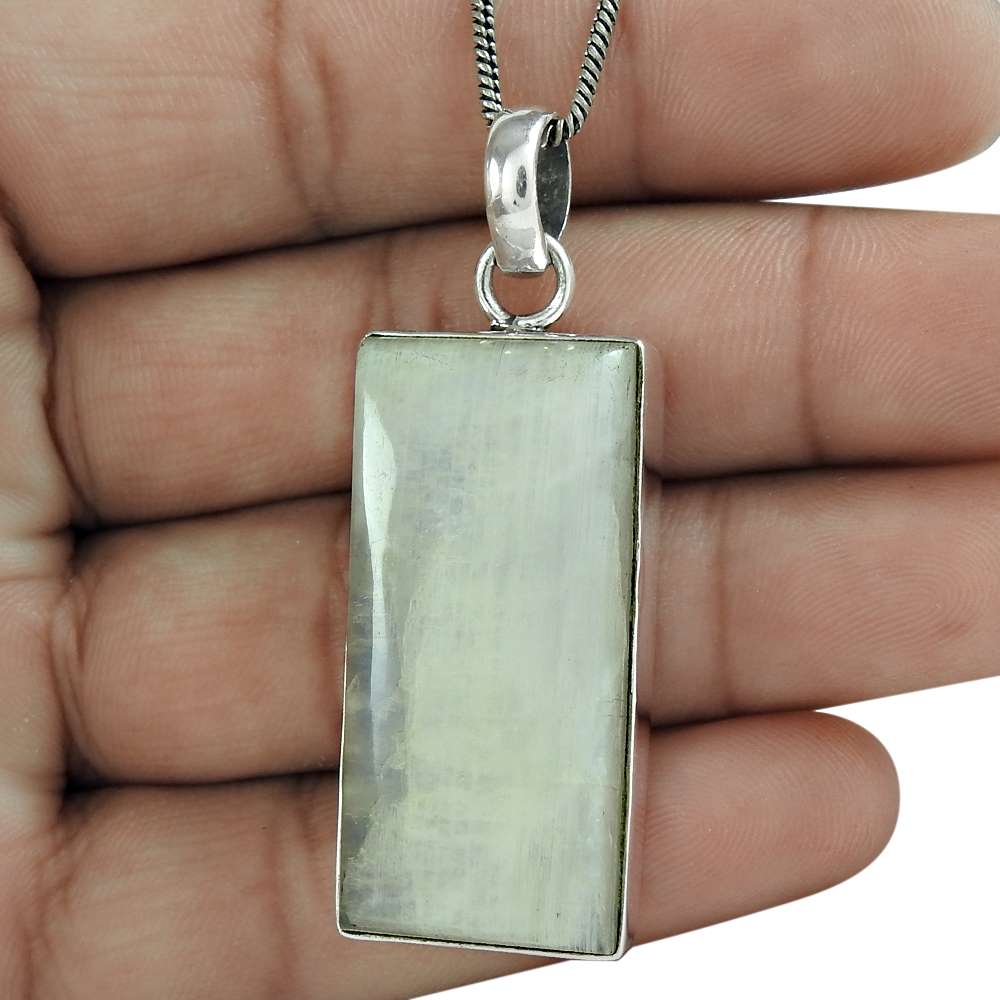 Natural Rainbow Moonstone Gemstone Pendant Bohemian 925 Sterling Silver V18