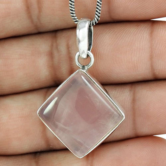 Natural Rose Quartz Gemstone Pendant Vintage 925 Sterling Silver Jewelry W18