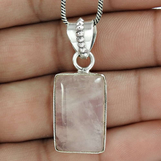 Natural Rose Quartz Gemstone Pendant Ethnic 925 Sterling Silver For Girls V19