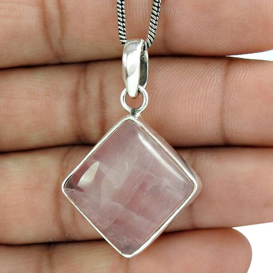 Natural Rose Quartz Gemstone Jewelry 925 Sterling Silver Pendant For Girls T12