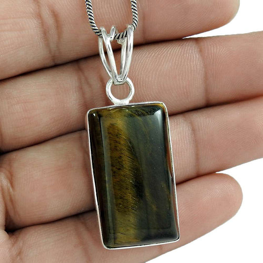 Natural Tiger'S Eye Gemstone 925 Sterling Silver Pendant Tribal For Girls Y18