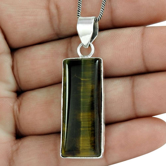 Gift For Her 925 Sterling Silver Natural Tiger'S Eye Gemstone Pendant Tribal U6