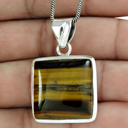 Natural Tiger'S Eye Gemstone 925 Sterling Silver Pendant Tribal For Women W19