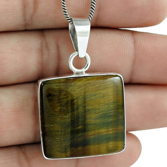 Natural Tiger'S Eye Gemstone Pendant Vintage Brown 925 Sterling Silver Z19