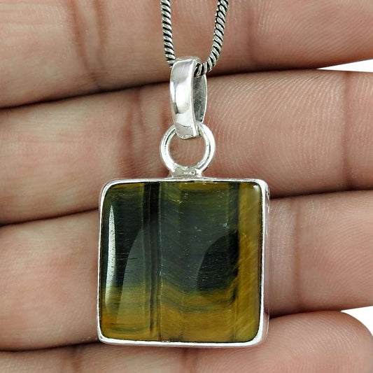 Halloween Gift Natural Tiger'S Eye Gemstone Pendant 925 Silver Y12