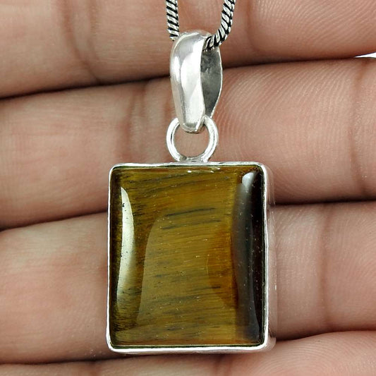 Natural Tiger'S Eye Gemstone 925 Sterling Silver Pendant Vintage For Girls W14