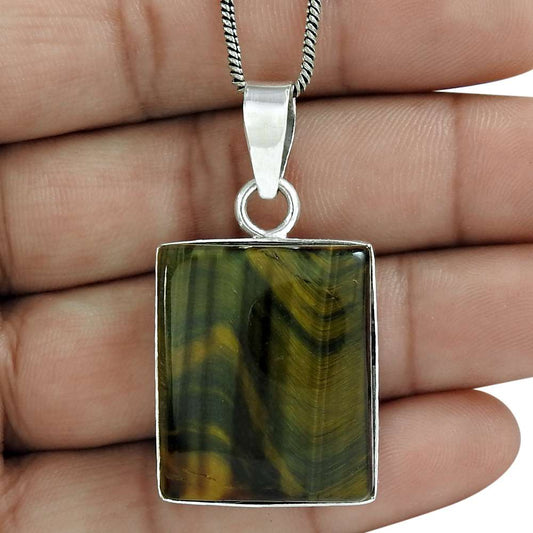 Halloween Gift Natural Tiger'S Eye Gemstone Pendant 925 Silver Z12