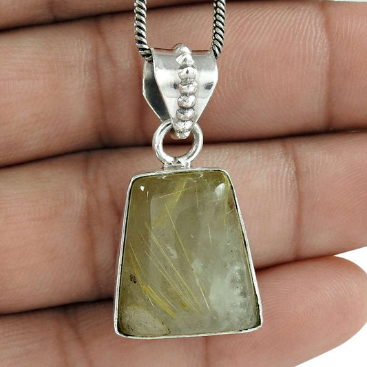Birthday Gift For Her Natural Golden Rutile Gemstone Pendant Boho 925 Silver C20
