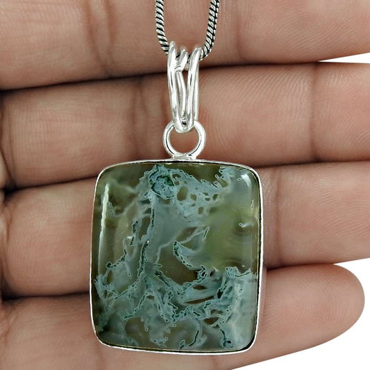 Birthday Gift For Her Natural Moss Agate Pendant Bohemian 925 Silver D20