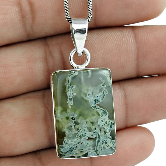 Birthday Gift For Her Natural Moss Agate Gemstone Pendant Vintage 925 Silver E20
