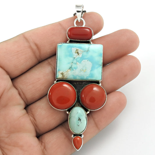 Christmas Gift Natural Coral Turquoise Gemstone Pendant 925 Sterling Silver D21