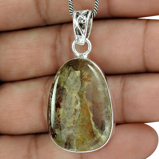 Gift For Her 925 Sterling Silver Natural Lodolite Gemstone Pendant Tribal I8