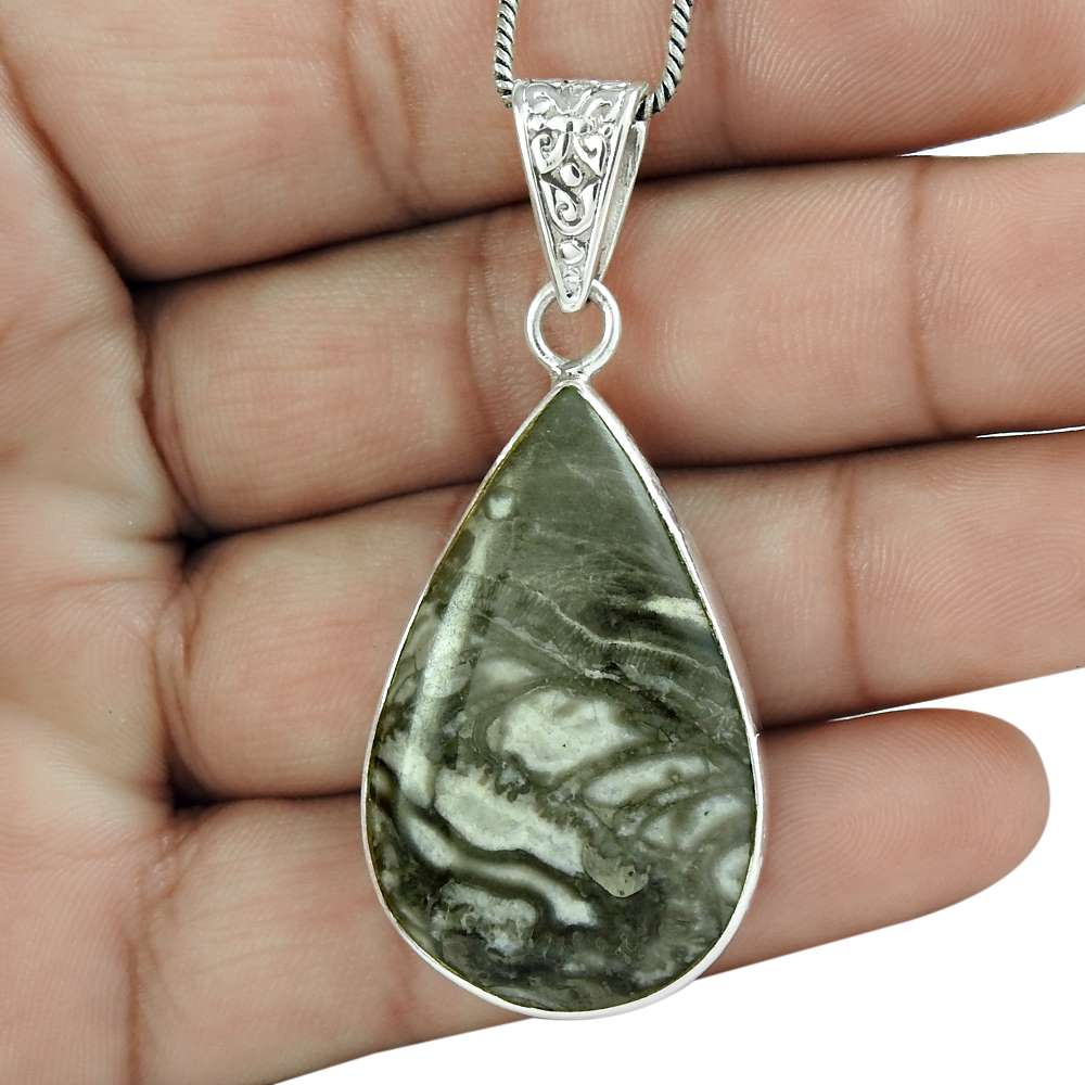 Birthday Gift For Her Natural Crinoid Fossil Pendant Boho 925 Silver R25