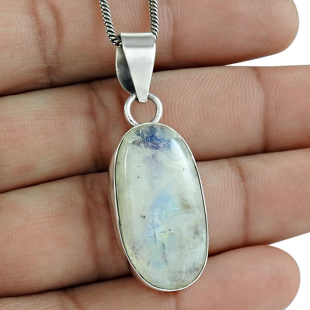 Natural Rainbow Moonstone Gemstone 925 Silver Pendant Bohemian For Girls G14
