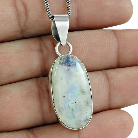 Natural Rainbow Moonstone Gemstone 925 Silver Pendant Bohemian For Girls G14