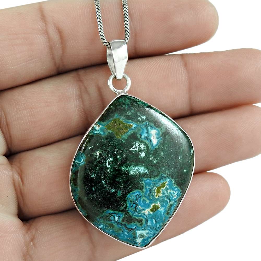 Natural Azurite Gemstone 925 Sterling Silver Pendant Ethnic For Girls X14