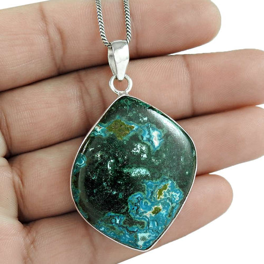 Natural Azurite Gemstone 925 Sterling Silver Pendant Ethnic For Girls X14