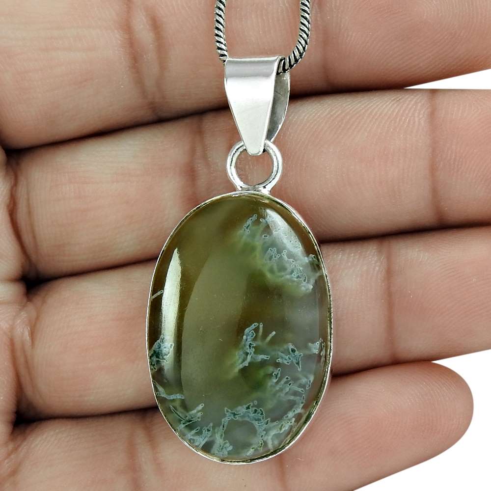 Natural Moss Agate Gemstone Jewelry 925 Sterling Silver Pendant For Girls G7